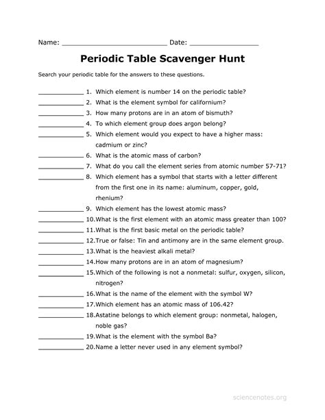 periodic table scavenger hunt worksheet pdf